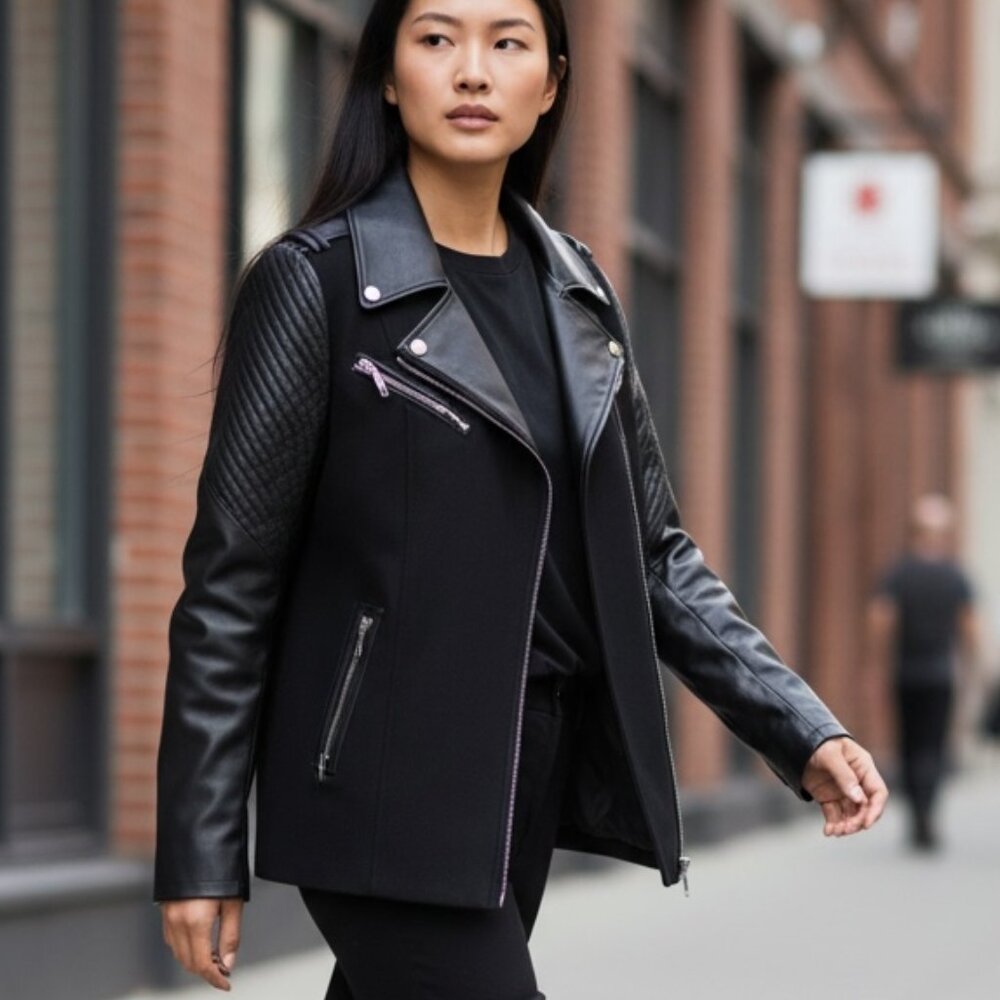 BCBG Max Azria Moto Black Wool and Leather Coat S
